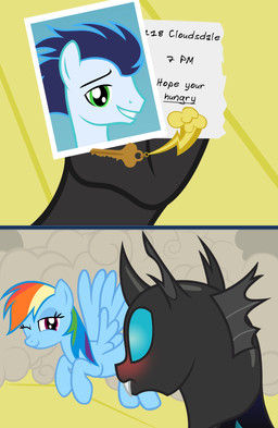 blue_eyes blush fangs female feral fight green_eyes group horn key male note one_eye_closed purple_eyes teeth text wings wink badumsquish friendship_is_magic hasbro my_little_pony mythology rainbow_dash_(mlp) soarin_(mlp) wonderbolts_(mlp) arthropod changeling_(mlp) equid equine mammal mythological_creature mythological_equine pegasus 2017 absurd_res english_text hi_res