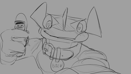 anthro collar_tag heart_eyes heart_symbol humanoid_hands looking_at_viewer male solo text text_on_collar_tag tongue tongue_out usb_drive wearing_collar shoomka nintendo pokemon blu_(shoomka) generation_6_pokemon greninja pokemon_(species) 16:9 2026 digital_drawing_(artwork) digital_media_(artwork) english_description english_text hi_res monochrome sketch widescreen