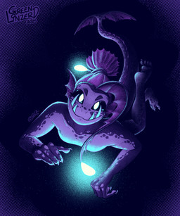 4_fingers anthro bioluminescence black_sclera claws dark_lighting ear_fins feet female fin fin_hair fingers glowing hair long_tail looking_at_viewer markings membrane_(anatomy) nude protruding_teeth pseudo_hair pupils purple_body purple_hair smile solo spots spotted_markings swimming tail toes underwater water webbed_feet webbed_hands white_pupils conditional_dnp greenlinzerd anglerfish anglerfish_humanoid aquatic fish humanoid 2025 5:6 halftone hi_res restricted_palette signature