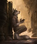 anthro black_nose brown_eyes clothed clothing detailed_background fur grey_body grey_fur holding_object male solo lofi canid canine canis mammal wolf 2018 digital_media_(artwork) digital_painting_(artwork) hi_res