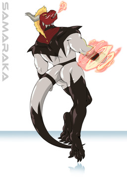 anthro blonde_hair claws clothing dorsal_view fire hair hero horn latex levitating male markings orange_eyes paws solo spikes suit tail white_markings samaraka mythology dragon mythological_creature mythological_scalie scalie 2021 hi_res