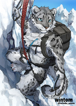 anthro backpack blue_eyes carabiner claws climbing climbing_harness fur grey_body grey_fur harness ice_axe leopard_spots male mountain nude nude_anthro nude_male outside rope snow solo spots tail text toe_claws whiskers white_body white_fur wintom felid mammal pantherine snow_leopard 2026 artist_name digital_media_(artwork) hi_res