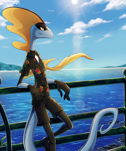 ambiguous_gender anthro clothed clothing day fence footwear frill_(anatomy) fully_clothed outside sea shirt shoes solo standing sun tail topwear water donutella nintendo pokemon rene_(donutella) generation_8_pokemon inteleon lizard pokemon_(species) reptile scalie 5:6 absurd_res hi_res male_(lore)