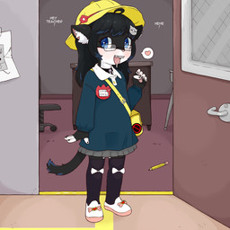 5_fingers anthro black_body black_fur black_nails blue_highlights blush blush_lines bodily_fluids bow_ribbon carpet chair classroom clothed clothing colored_nails desk dialogue eyewear fangs fellatio_gesture female fingerless_gloves fingers footwear fur furniture gesture glasses gloves hair handwear heart_symbol highlights_(coloring) inner_ear_fluff inside legwear loli motion_lines multicolored_body multicolored_hair multicolored_tail nails office_chair open_mouth pencil_(object) saliva saliva_on_tongue school school_uniform socks solo student suggestive suggestive_gesture table tail tail_tuft teeth text thigh_highs thigh_socks tuft uniform young young_anthro y0dare nickelodeon spongebob_squarepants doodlebob mochi_(clopez) felid feline mammal 1:1 english_text