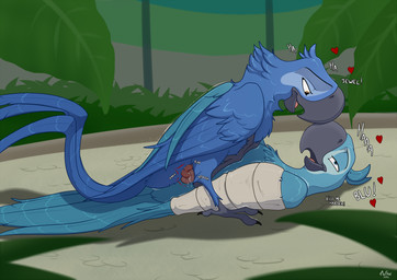 animal_genitalia avian_feet bandage beak blue_body blue_feathers bodily_fluids canon_couple cloaca cloaca_juice cloacal cloacal_kiss dialogue duo feathered_wings feathers feet female feral feral_on_feral genital_fluids genitals heart_symbol looking_at_another looking_pleasured lying male male/female on_back plant sex smile tail tail_feathers talons text toes wings mcfan blue_sky_studios rio_(series) blu_(rio) jewel_(rio) avian bird macaw neotropical_parrot parrot spix's_macaw true_parrot digital_media_(artwork) english_text hi_res