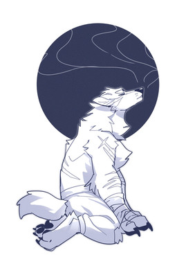 abstract_background anthro back_tuft bandage bandaged_arm cheek_tuft chest_tuft clothed clothing ears_back eyes_closed facial_tuft kneeling male neck_tuft pawpads pivoted_ears side_view solo topless tuft unsigned asnnonaka canid canine canis mammal wolf blue_and_white full-length_portrait hi_res monochrome portrait