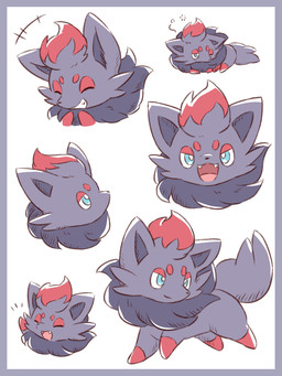 ambiguous_gender blue_border border emanata eyes_closed fangs feral fur grey_body grey_fur happy laugh looking_at_viewer one_eye_closed open_mouth simple_background solo tail teal_eyes teeth tongue toothy_grin nekogyo122 nintendo pokemon generation_5_pokemon pokemon_(species) zorua 2023 3:4 absurd_res hi_res
