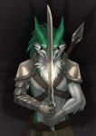 anthro armor belt clothed clothing fur green_body green_eyes green_fur green_hair grey_background hair long_hair looking_at_viewer melee_weapon open_mouth polearm simple_background solo spear sword weapon white_body white_fur shiroashi excidium sergal 2017