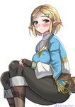 blonde_hair blush breasts clothing female fingerless_gloves gloves green_eyes hair handwear humanoid_pointy_ears light_body light_skin not_furry pointy_ears simple_background solo monbetsu_kuniharu nintendo the_legend_of_zelda princess_zelda elf humanoid hylian signature