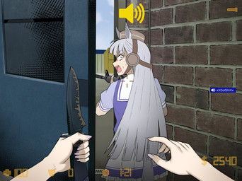 5_fingers ambiguous_gender brick brick_wall door duo equine_ears female fingers first_person_view gameplay_mechanics gun hair holding_object holding_weapon knife long_hair looking_at_viewer looking_back looking_back_at_viewer melee_weapon open_mouth pale_skin ranged_weapon rear_view rifle user_interface voice_chatting wall_(structure) weapon white_hair raikkonen counter-strike cygames door_stuck uma_musume_pretty_derby gold_ship_(pretty_derby) animal_humanoid equid equid_humanoid equine equine_humanoid horse_humanoid humanoid mammal mammal_humanoid 2025 absurd_res hi_res meme
