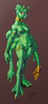 alien anthro breasts crotch_breasts female front_view genitals green_body hi_res jeremy_mullins jewelry multi_arm multi_limb non-mammal_breasts nude prosthetic pussy red_eyes scalie solo tail thick_tail