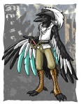 anthro beak black_body black_feathers claws clothed clothing feathered_wings feathers front_view hat headgear headwear looking_away male medieval melee_weapon realistic_wings solo sword toe_claws weapon wings jax_the_bat avian bird corvid eurasian_magpie holarctic_magpie magpie_(corvid) oscine passerine