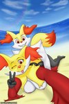 anthro beach breasts butt duo feet female gesture hand_gesture looking_at_viewer male male/female nipples one_eye_closed seaside selfie tongue tongue_out v_sign wink winking_at_viewer knotsafefurrwork nintendo pokemon braixen canid delphox generation_6_pokemon mammal pokemon_(species) 2:3 absurd_res hi_res