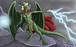 abs anthro blonde_hair bottomwear cape clothed clothing electricity fangs glowing glowing_eyes green_body green_tail green_wings hair holding_object holding_staff horn lightning loincloth magic_user male membrane_(anatomy) membranous_wings navel outside pecs red_cape red_clothing rock solo staff standing tail tan_bottomwear tan_clothing tan_loincloth teeth white_horn wings tiggybloom mythology dragon mythological_creature mythological_scalie scalie