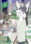 clothed clothing detailed_background female fluffy fluffy_tail fur grey_body grey_fur grey_hair hair happy holding_object inside looking_at_viewer open_mouth red_eyes shopping solo standing tail white_body white_fur white_hair taracod canid canine mammal 2018 hi_res