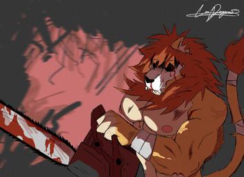 anthro biceps bone chainsaw male mane muscular muscular_male pecs power_tool red_eyes skull skull_head solo teeth tools liondangerous felid lion mammal pantherine hi_res