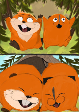 3_toes 4_fingers ambiguous_feral ambiguous_gender black_nose buckteeth cloud day duo excited eyebrows eyes_closed fangs featureless_crotch feet feral fingers forest fur monotone_body nature_background on_hind_legs open_mouth open_smile orange_body orange_fur outside plant pupils raised_arms running sky small_pupils smile teeth toes tree whiskers wishbone_mouth zipper imur0808 chainsaw_man disney hoppers_(disney) pixar mabel_tanaka pochita_(chainsaw_man) beaver canid devil_(chainsaw_man) mammal rodent crossover hi_res