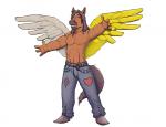 anthro biped bulge clothed clothing eyes_closed feathered_wings feathers male simple_background smile solo standing teeth topless white_background wings amixeduppuppy equid equine horse mammal