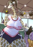 ball blush bodily_fluids bottomwear breasts clothed clothing detailed_background female group hair inside jersey large_female long_neck ponytail shorts size_difference sport spots sweat thick_thighs volleyball_(ball) yajima giraffe giraffid humanoid mammal 2022 hi_res