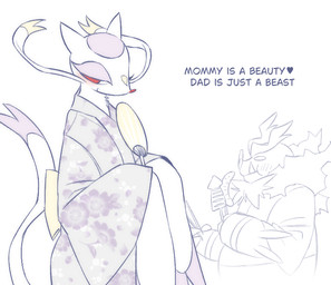 anthro asian_clothing blush clothing duo east_asian_clothing fan_(object) female japanese_clothing kimono male male/female simple_background smile text white_background moocow nintendo pokemon emboar generation_5_pokemon mienshao pokemon_(species) english_text