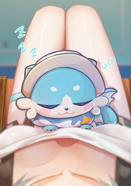 animal_ears bottomwear breasts cat_smile cleavage clothed clothing collarbone eyes_closed female female_pov first_person_view grey_hair hair hat headgear headwear medium_breasts multicolored_body on_lap shorts sleeping sound_effects two_tone_body vowelless vowelless_sound_effect zzz memeiradesuyo honkai:_star_rail mihoyo bubbles_(honkai:_star_rail) stelle_(honkai:_star_rail) chimera_(honkai:_star_rail) human mammal absurd_res hi_res