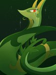 ambiguous_gender apode countershade_face countershading eye_glint eyelashes feral flesh_fang glint green_background half-closed_eyes leaf leaf_tail legless long_ears looking_aside looking_down narrowed_eyes pupils red_eyes serpentine simple_background slit_pupils solo sparkles tail text lemonade_kokoi nintendo pokemon draconcopode generation_5_pokemon naga pokemon_(species) serperior 2024 artist_name digital_media_(artwork) hi_res