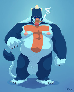 balls belly big_belly blue_background blue_balls blue_body blue_eyebrows blue_fur blue_penis blue_tail cigar cigar_in_mouth eyebrows flaccid front_view fur genitals humanoid_genitalia humanoid_penis looking_at_viewer male navel nipples nude obese obese_humanoid obese_male object_in_mouth overweight overweight_humanoid overweight_male penis pink_nipples simple_background solo tail tail_tuft teeth tuft chocolateandmilk humanoid 4:5 full-length_portrait hi_res portrait