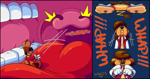 3_toes 4_fingers anthro big_feet big_tongue cartoon_gloves cartoon_physics cheek_bulge claws clothing curled_tongue duo eyewear feet finger_claws fingers glasses inside_mouth jacket letterman_jacket male male/male mawplay pawpads paws red_tongue shirt slapstick slapstick_humor soft_vore soles tail toe_claws toes tongue toony toony_moment topwear uvula uvula_play vore wearing_glasses whiskers wide_tongue marquis2007 liam_(tamerkoh) roderick_(tamerkoh) felid lagomorph leporid lion mammal pantherine rabbit absurd_res alpha_channel hi_res multiple_scenes