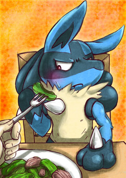 abstract_background ambiguous_gender anthro blue_body blue_fur blush chair cutlery disembodied_hand duo eating food fork fur furniture kitchen_utensils red_eyes simple_background table tools rasuku@07 nintendo pokemon canid canine generation_4_pokemon human lucario mammal pokemon_(species)