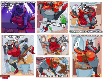 4_fingers abdominal_bulge anthro anus balls bathroom big_breasts big_butt black_body black_fur blush bodily_fluids breasts butt canine_tail clothing eating eating_food fart fart_cloud fart_fetish feces feces_in_hand feces_on_anus feces_on_balls feces_on_body feces_on_butt feces_on_genitals feces_pile fingers flaccid footwear fur genital_fluids genitals glans grey_body grey_fur gynomorph hand_on_anus high_heels hyper intersex missed_the_toilet multicolored_body multicolored_fur nightclub nightgown one-piece_dress onomatopoeia orange_body orange_eyes orange_fur party peeing peeing_on_ground penis pooping pooping_on_floor pooping_while_walking puffy_anus rushing saggy_balls shoes small_balls solo sound_effects sweat sweaty_body text thick_thighs toilet urine urine_on_ground wide_hipped_anthro wide_hips nosinned7nsfw fan_character canid canine canis mammal wolf absurd_res comic digital_drawing_(artwork) digital_media_(artwork) english_text hi_res multiple_scenes