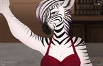 anthro breasts brown_eyes camera_view clothing dress ear_piercing ear_ring eyebrows female hair looking_at_viewer multicolored_hair piercing raised_arm red_clothing red_dress ring_piercing solo striped_body stripes fluffymare zeana_(wasen) equid equine mammal zebra 2022 digital_media_(artwork)