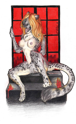 anthro black_markings blue_eyes candle cross cross_necklace female fur genitals grey_body grey_fur jewelry knife leopard_spots markings necklace nude solo spots tail tongue vulva white_body white_fur window l_sloan felid leopard mammal pantherine snow_leopard