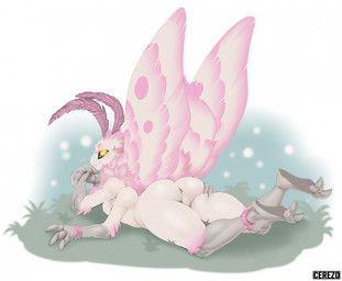 2_toes 3_fingers 4_arms antennae_(anatomy) anthro backsack balls big_eyes black_sclera butt feet femboy fingers fluffy genitals grass looking_at_viewer lying male male_anthro multi_arm multi_limb nude_anthro nude_male on_front plant presenting smile solo toes wings yellow_eyes cerezo mothy_(cerezo) arthropod insect lepidopteran moth hi_res male_(lore)