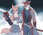 5_fingers anthro arm_wraps bottomwear breasts clothed clothed_anthro clothed_female clothed_male clothing duo eyewear eyewear_on_head female fingers fur goggles goggles_on_head gun humanoid_hands katana male male/female melee_weapon navel p90 pants ranged_weapon skirt smile submachine_gun sword topwear vest weapon wraps heresy_(artist) dreamworks the_bad_guys toy-box diane_foxington mr._wolf_(the_bad_guys) canid canine canis fox mammal northwestern_wolf red_fox true_fox wolf 2023 hi_res signature