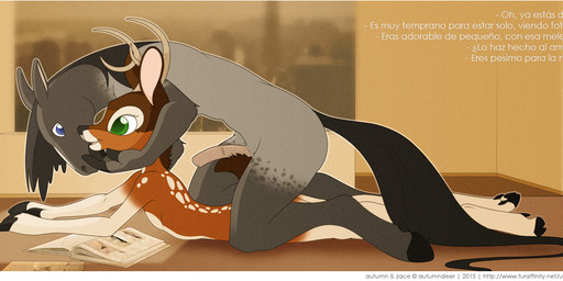 anthro antlers black_hair blue_eyes brown_body brown_fur cloven_hooves countershading duo erection face_grab fur genitals green_eyes grey_body grey_fur hair hooves horn lying male male/male nude on_front penis smile spots straddling text white_body white_countershading window autumndeer autumn_(autumndeer) deer equid equine horse mammal 2015 digital_media_(artwork) shaded spanish_text translated