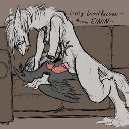 abdominal_bulge ambiguous_gender anthro anthro_on_feral anthro_penetrating beak bestiality bodily_fluids claws cloacal cloacal_penetration duo eyewear feathers feral feral_penetrated furniture genitals glasses holding_wing interspecies male male_on_feral mane open_mouth penetration penis rictal_bristles sofa sweat text tongue tongue_out wings x-ray_view einin avian bird corvid oscine passerine 1:1 english_text hi_res
