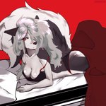 5_fingers anthro bed bed_hair bedding black_nose breasts cleavage clothed clothing fangs female fingers fur furniture grey_body grey_fur grey_hair hair hair_over_eye half-closed_eyes long_hair looking_aside midriff multicolored_body multicolored_fur narrowed_eyes one_eye_obstructed panties pillow red_sclera shirt solo tank_top teeth topwear two_tone_body two_tone_fur underwear white_body white_eyes white_fur shinchiichu helluva_boss mythology loona_(helluva_boss) canid canid_demon canine demon hellhound mammal mythological_canine mythological_creature 1:1 2022 hi_res