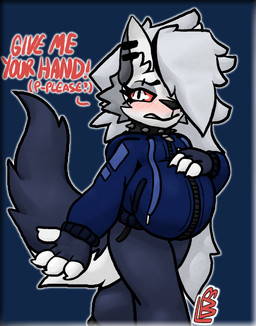 blue_clothing blue_hoodie blue_topwear blush bottomwear claws clothing collar ear_piercing ear_ring female fur gray_sweatpants grey_body grey_fur grey_hair hair hand_on_belly holding_out_hand hoodie inner_ear_fluff long_hair looking_at_viewer pants piercing pregnant pregnant_female red_eyes requesting requesting_viewer ring_piercing solo spiked_collar spikes sweatpants tail topwear tuft white_body white_fur lewded_blaze hellaverse helluva_boss mythology loona_(helluva_boss) canid canid_demon canine demon hellhound mammal mythological_canine mythological_creature alpha_channel
