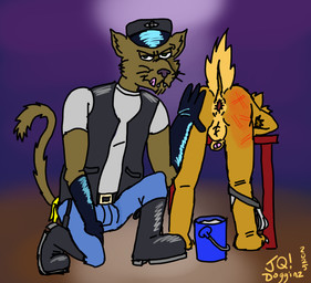 after_spanking anthro anus armpit_hair armwear backsack balls belt blue_bottomwear blue_clothing blue_jeans blue_pants body_hair boots bottomwear bucket_of_lube clothed clothing denim denim_bottomwear denim_clothing elbow_gloves footwear furniture gaping gaping_anus genitals gloves handwear hanky_code hat headgear headwear imminent_fisting jacket jeans jockstrap jockstrap_down jockstrap_only kerchief kneeling leather leather_boots leather_clothing leather_daddy leather_footwear leather_hat leather_headgear leather_headwear leather_jacket leather_topwear licking licking_lips looking_at_viewer male male/male pants penis presenting_other raised_tail riding_crop shirt shoes spank_marks t-shirt table tail tongue tongue_out topless topwear underwear underwear_only whip white_clothing white_shirt white_t-shirt white_topwear yellow_kerchief jq_dogginz felid feline mammal