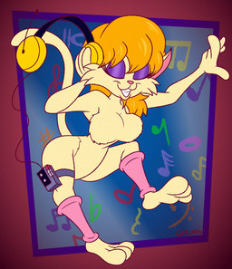 3_toes abstract_background anthro barefoot blonde_hair breasts casual_nudity chest_tuft clothing dancing electronics eyes_closed eyeshadow featureless_breasts featureless_crotch feet female fur hair headphones leg_warmers legwear makeup musical_note musical_symbol pink_nose purple_eyeshadow solo symbol toes toony tuft yellow_body yellow_fur gavanzude dic_entertainment heathcliff_and_the_catillac_cats walkman cleo_catillac domestic_cat felid feline felis mammal 2025 alternate_version_at_paywall digital_drawing_(artwork) digital_media_(artwork) hi_res signature