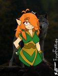 clothing dress duo female feral fingerless_gloves gloves hair hair_over_eye hand_on_hip handwear humanoid_pointy_ears looking_at_viewer one_eye_obstructed orange_hair outside photo_background pointy_ears smile fuanfokkusu brawlhalla ember_(brawlhalla) canid canine canis elf human humanoid mammal wolf digital_media_(artwork) half-length_portrait hi_res photography_(artwork) portrait