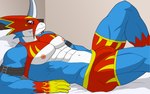 abs anthro armor bed bedroom blue_body blue_skin boxers_(clothing) bulge clothing furniture gloves handwear horn looking_at_viewer male markings mask muscular muscular_anthro muscular_male nipples pecs red_armor solo underwear yellow_markings drakorg bandai_namco digimon digimon_(species) flamedramon cel_shading hi_res shaded