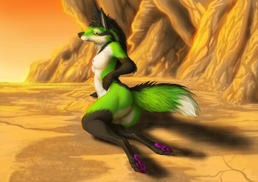 2013 4_toes amber_eyes arm_support black_hair breasts butt canine detailed digitigrade female fox fur green_fur hair hindpaw jackrow looking_at_viewer looking_back markings mountain nature nude orange_sky orange_theme pawpads paws pinup purple_pawpads sky socks_(marking) solo sunset two_tone_fur warm_colors
Rating: Questionable
Score: 28
User: ippiki_ookami
Date: March 23, 2013