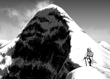 anthro backpack clothed clothing day detailed_background female fin hiking mountain mountaineer outside pickaxe snow solo tail tail_fin hladilnik lonely_shark_(hladilnik) aquatic fish shark 2023 greyscale hi_res monochrome
