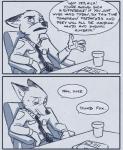 2016 4_fingers anthro canid canine clothed clothing comic container cup desk dialogue disney english_text fingerpads fingers fox fur furniture half-closed_eyes male mammal monochrome narrowed_eyes necktie nick_wilde open_mouth pawpads police police_uniform red_fox rockbottomfeeder simple_background table teeth text true_fox uniform zootopia