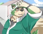 anthro blush bodily_fluids clothing covering covering_face fur green_body green_fur jacket kerchief male overweight pawpads shading_eyes solo sweat topwear toto3_official lifewonders live_a_hero mokdai canid canine canis domestic_dog mammal absurd_res hi_res