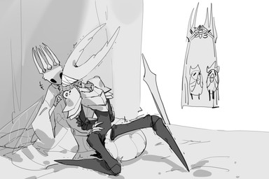 2_horns 4_arms 7_horns ambiguous_gender anthro apode arched_back armor bandage bandage_on_face bed behind_curtain between_legs black_body black_eyes black_tears blindfold bodily_fluids bottomless bottomless_anthro bottomless_female bottomless_taur broach_(jewelry) clothed clothing curtains dominant dominant_ambiguous doorway dripping emanata female female/ambiguous from_behind_position furniture genital_fluids grinding group hand_on_hip hand_on_neck hands_behind_back horn insect_wings kneeling laugh legless lying melee_weapon multi_arm multi_horn multi_limb on_bed on_one_knee on_side parent_incest poking sex shaking simple_background spikes spikes_(anatomy) standing stealth_sex submissive submissive_female sword sword_on_wall tail tail_between_legs tail_fetish tail_play tail_sex tremble_lines tremble_spikes trembling vaginal_fluid_drip vaginal_fluids vaginal_fluids_on_tail vaginal_fluids_puddle weapon white_armor white_background white_body white_head white_pauldron white_robes wings oxide_cat hollow_knight_(franchise) team_cherry hollow_knight_(character) pale_king_(hollow_knight) pure_vessel_(hollow_knight) arthropod arthropod_taur insect insect_taur royal_retainer_(hollow_knight) taur vessel_(species) 2025 colored_sketch digital_media_(artwork) greyscale hi_res monochrome shaded simple_shading sketch father_(lore) father_and_child_(lore) incest_(lore) male_(lore) nonbinary_(lore) parent_(lore) parent_and_child_(lore)