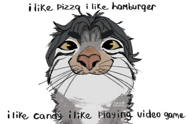 anthro female fur grey_hair hair meme_face multicolored_body multicolored_fur pink_nose silly silly_face solo striped_body striped_fur stripes tuft white_body white_fur yellow_eyes drunkmagpie felid feline mammal pallas's_cat hi_res meme