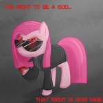 blood bodily_fluids clothed clothing eyewear female feral fur hair jacket parody pink_body pink_fur pink_hair red_eyes solo suit sunglasses tail text topwear speccysy capcom friendship_is_magic hasbro my_little_pony resident_evil albert_wesker pinkamena_(mlp) pinkie_pie_(mlp) earth_pony equid equine horse mammal pony 1:1 2011 crossover english_text