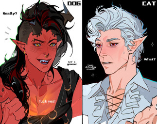 black_hair clothing duo facial_piercing fangs female frilly frilly_clothing hair horn humanoid_pointy_ears humor male nose_piercing nose_ring piercing pointy_ears red_body red_eyes ring_piercing teeth text white_hair blue_octopus baldur's_gate baldur's_gate_3 bioware dungeons_and_dragons electronic_arts hasbro larian_studios wizards_of_the_coast astarion_(baldur's_gate) karlach elf humanoid tiefling vampire english_text